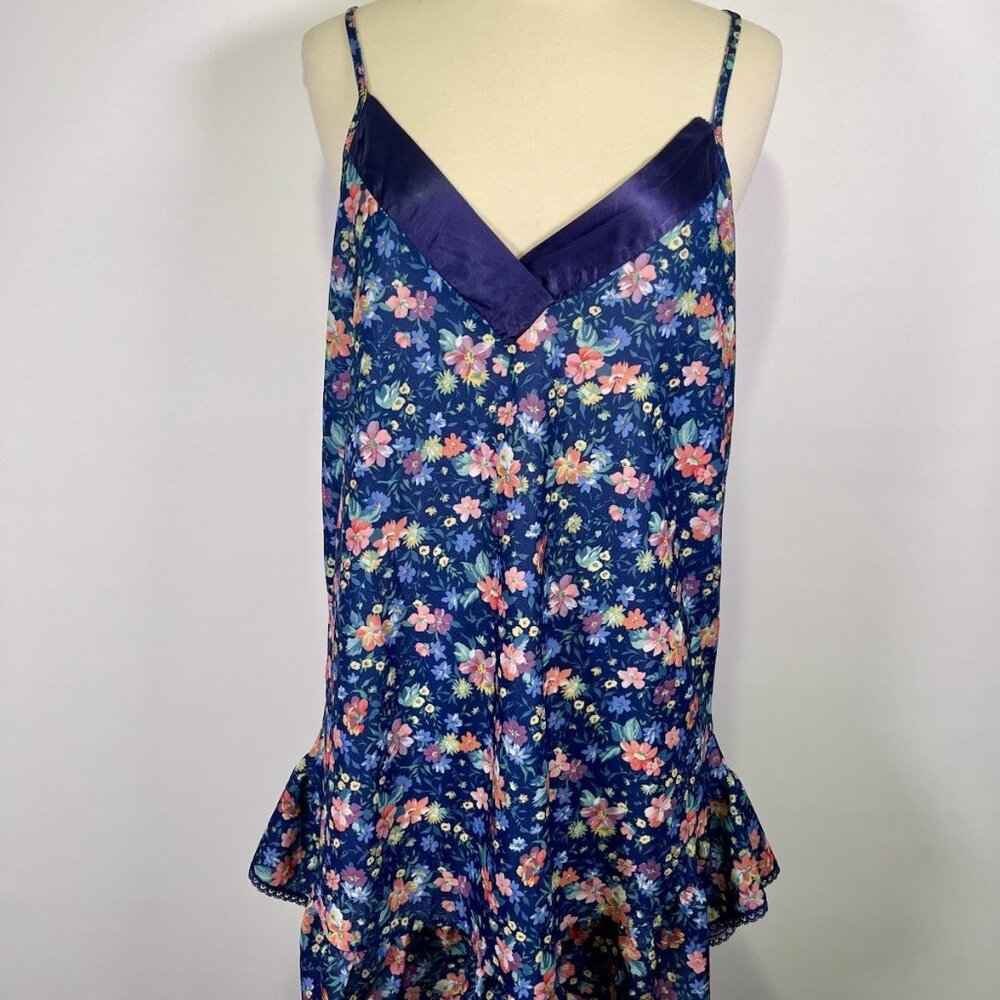 VTG 90s Lila Fashions Blue Babydoll Floral Slip Dress Ruffle Mini Large Lingerie